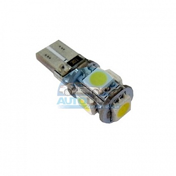 Светодиоды GL T10 б/ц 5 диодов SMD5050 Canbus (с обманкой), белые (габариты, панель приборов)